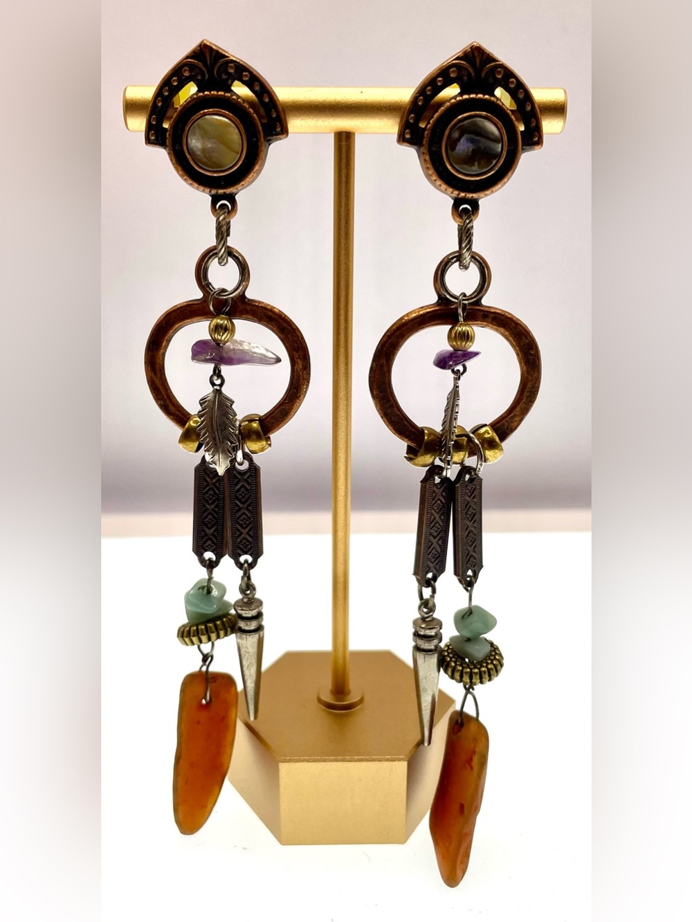 Artisan Vintage Mixed Media Boho Statement Earrings 5” Copper Dangle